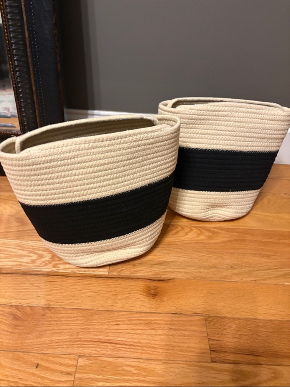 Neutral Cream and Black Striped Rope Storage Baskets (Set of 2)